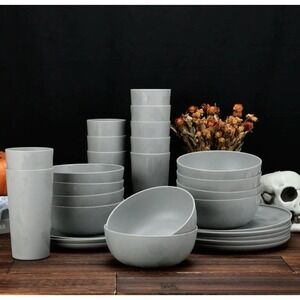 30 Piece Plastic Etched Halloween Ghost Dinnerware Full Set Gray BPA Free